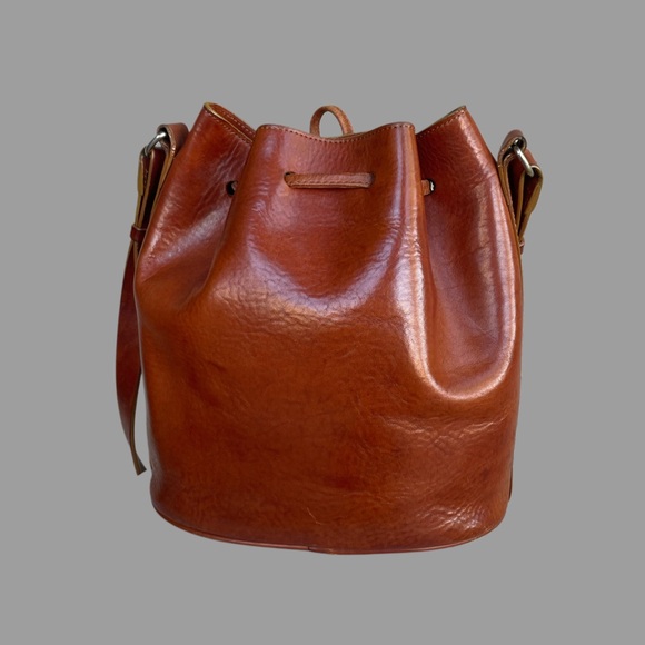 SEZANE Cognac Rich Brown Glossy Leather Crossbody Bucket Bag Farrow Shoulder Bag - Picture 7 of 17